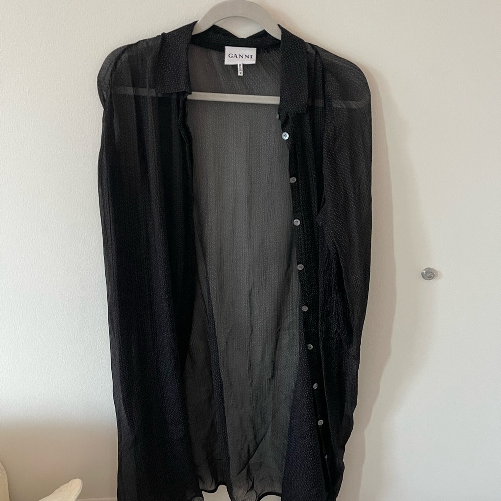 GANNI Black polka dot sheer button down shirt